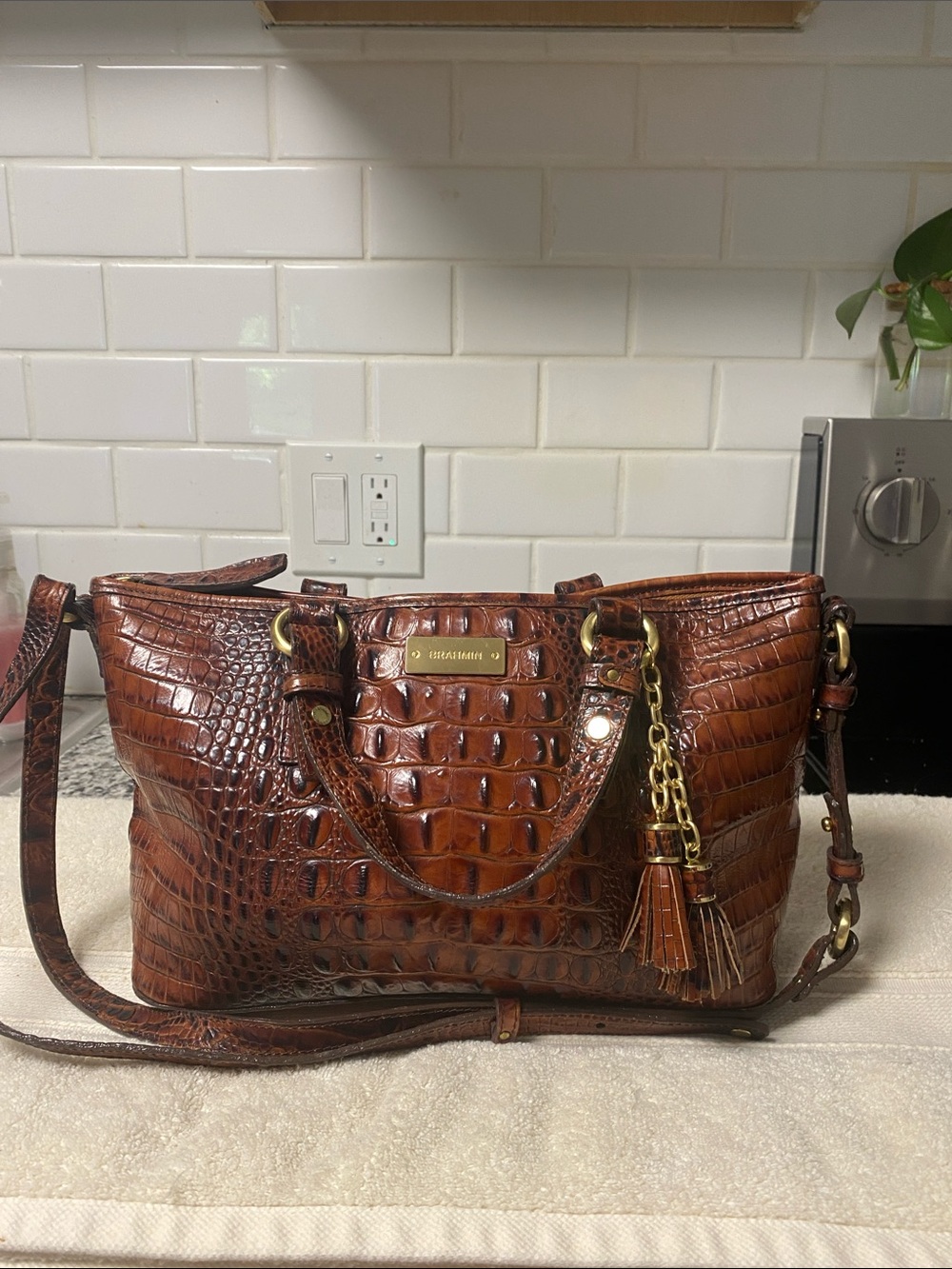 Brahmin Croc-Embossed Leather Shoulder Bag in Cognac Brown